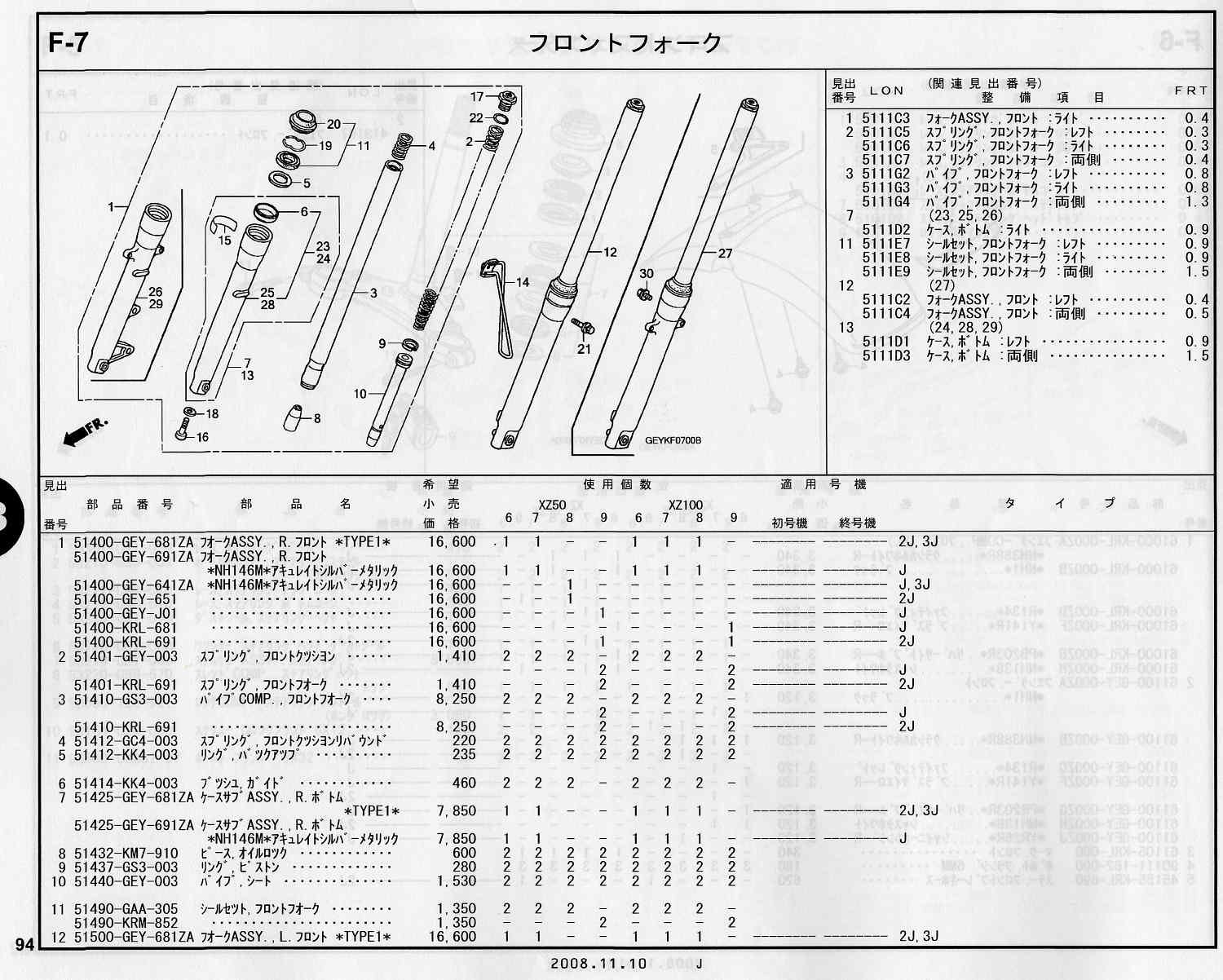APE100/50 ホンダ純正部品 ブロックNo.F-7 フロントフォーク パーツ 