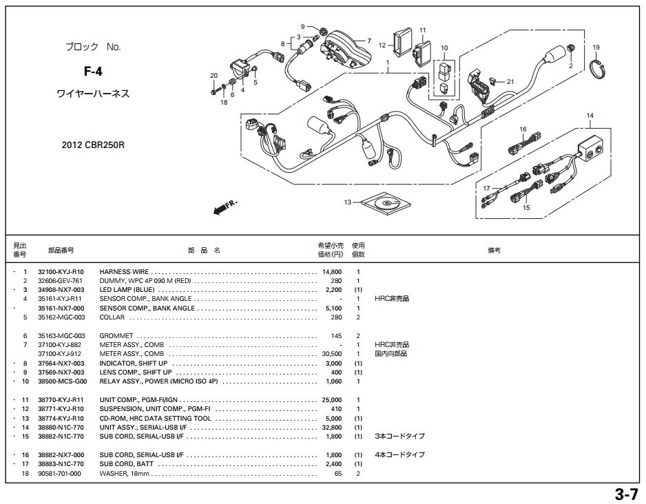 CBR250R ホンダ純正部品 ブロックNo.F-4 ワイヤーハーネス ページ3-7 
