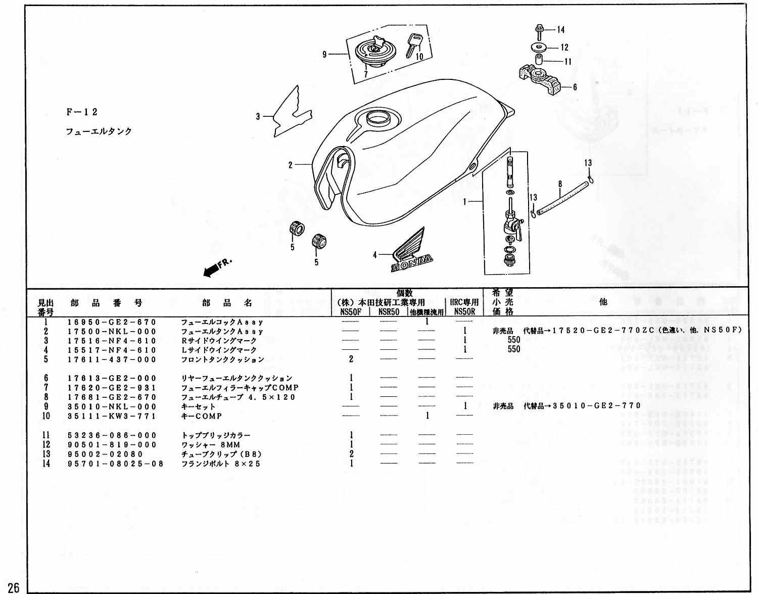 NS50R ホンダ純正部品 ブロックNo.F-12 フューエルタンク ページ26 
