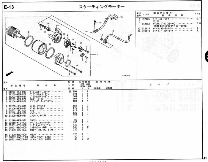 CBR250R ホンダ純正部品 ブロックNo.E-13 スターティングモーター