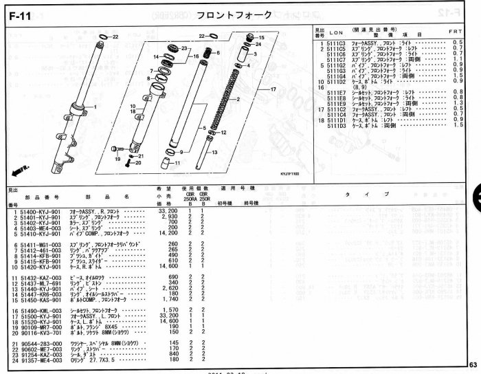 CBR250R ホンダ純正部品 ブロックNo.F-11 フロントフォーク ページ63 - ミニバイクレースパーツ専門店「switch!」NSR50  NSRmini NSF100 GROM XR100 APE100 KSR CBR250R