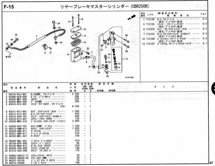 CBR250R ホンダ純正部品 ブロックNo.F-15 リヤーブレーキマスター