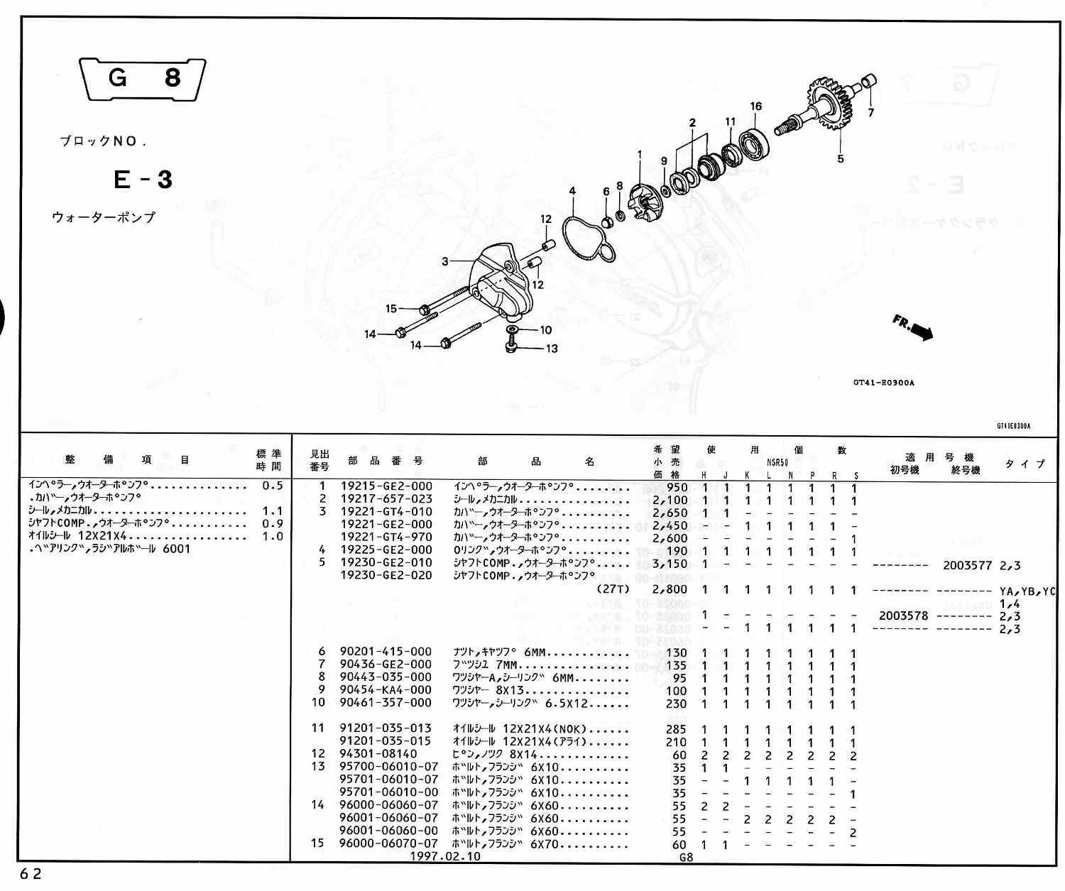 NSR50 ホンダ純正部品 ブロックNo,E-3 ウォーターポンプ ページ62、63