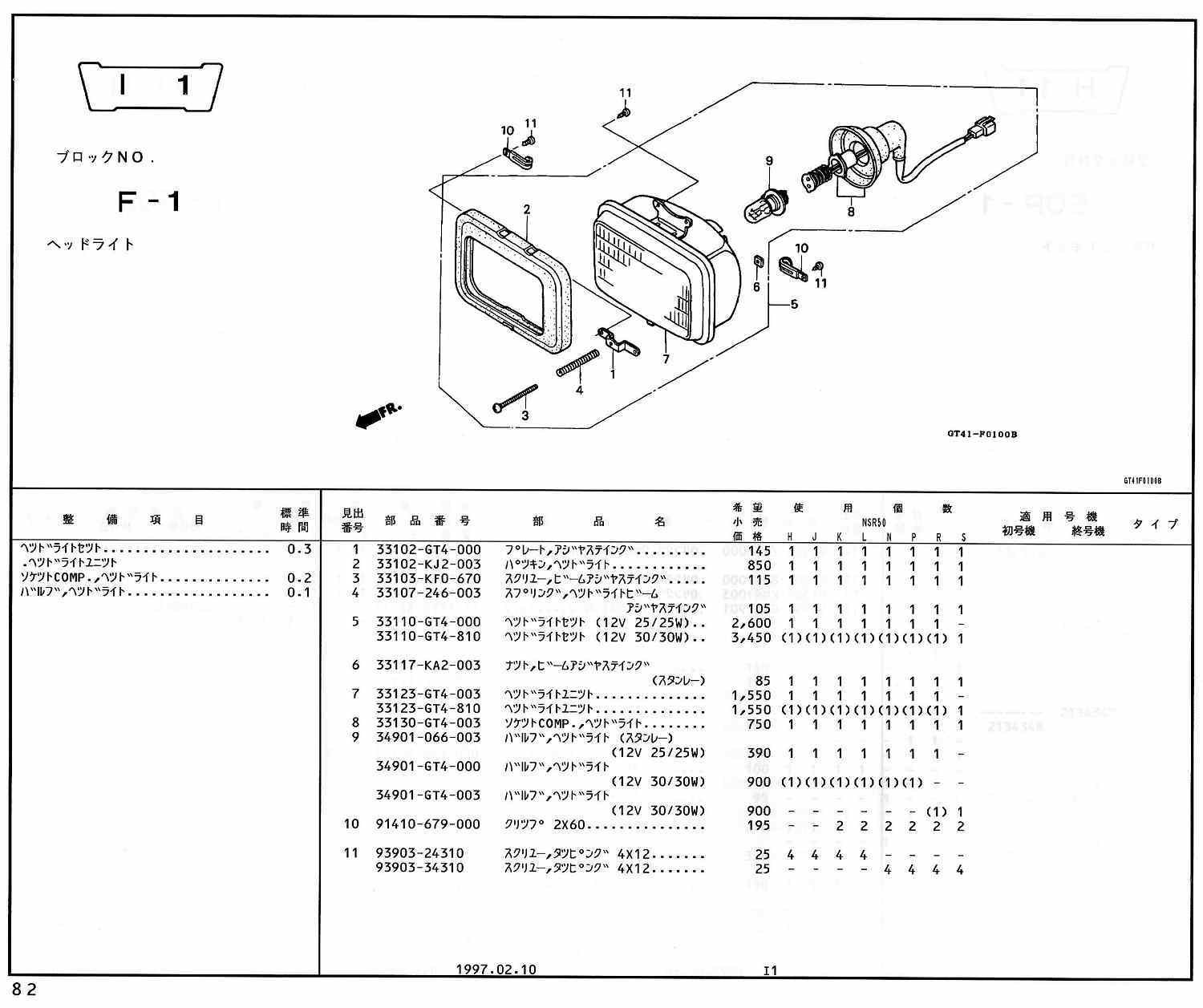 NSR50 ホンダ純正部品 ブロックNo,F-1 ヘッドライト ページ82 - ミニ 