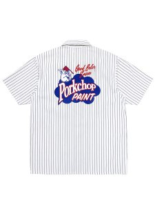 <img class='new_mark_img1' src='https://img.shop-pro.jp/img/new/icons1.gif' style='border:none;display:inline;margin:0px;padding:0px;width:auto;' />【PORKCHOP GARAGE SUPPLY】 PORKCHOP PAINT STRIPE WORK SHIRT (S/S ワッペンストライプワークシャツ) White×Black