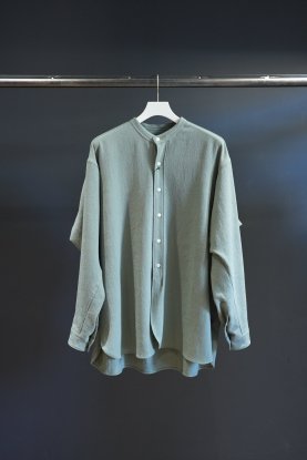 RAKINES / Rigid washer tropical / Band collar shirt (Grass Green