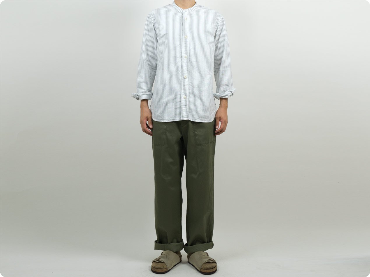 MHL. END ON END STRIPE COTTON NO COLLAR SHIRTS 033OFF WHITE 〔メンズ〕