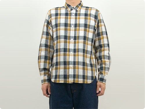 MARGARET HOWELL GRAPHIC LINEN CHECK SHIRTS 120NAVY 〔メンズ〕