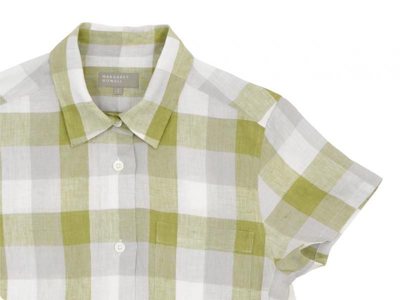 MARGARET HOWELL BLOCK CHECK LINEN S/S SHIRTS 146GREEN ̥ǥ