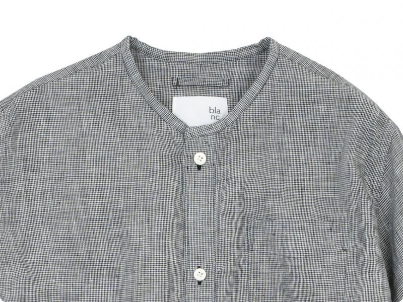 blanc no collar box shirts linen INDIGO HOUNDSTOOTH