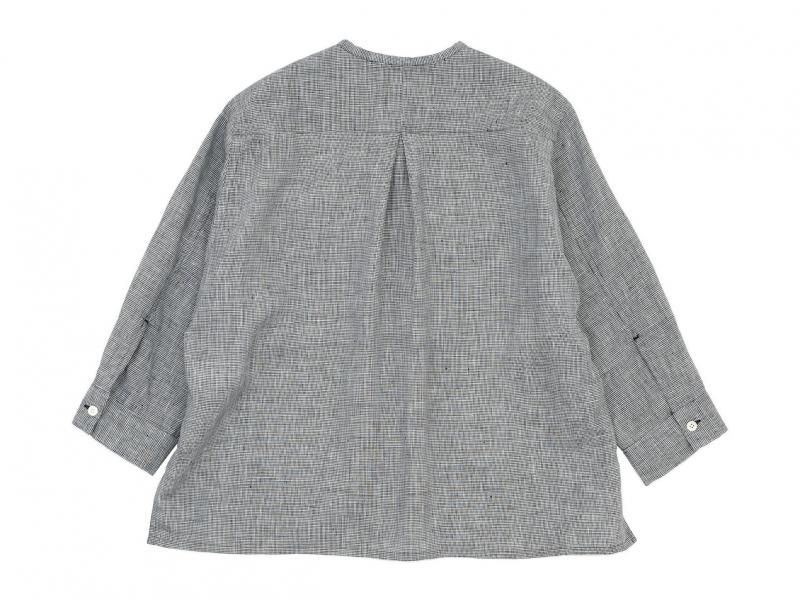 blanc no collar box shirts linen INDIGO HOUNDSTOOTH