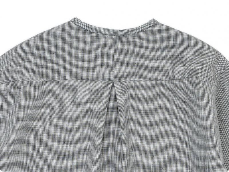 blanc no collar box shirts linen INDIGO HOUNDSTOOTH