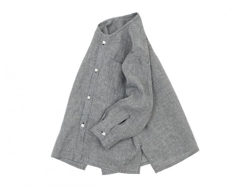 blanc no collar box shirts linen INDIGO HOUNDSTOOTH