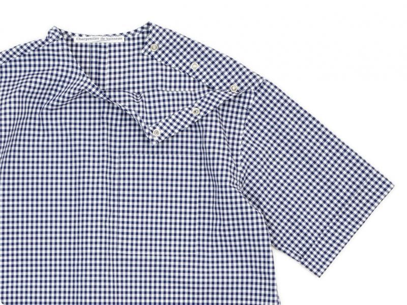 Charpentier de Vaisseau Sophie Shoulder Button Short Sleeve Shirts NAVY CHECK