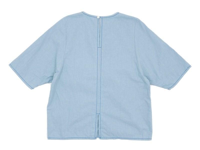 美品◆homspun ホームスパン　ノーカラー　シャツ　ブラウス　チュニック homspun バルキーシーチングノーカラーブラウス サックス