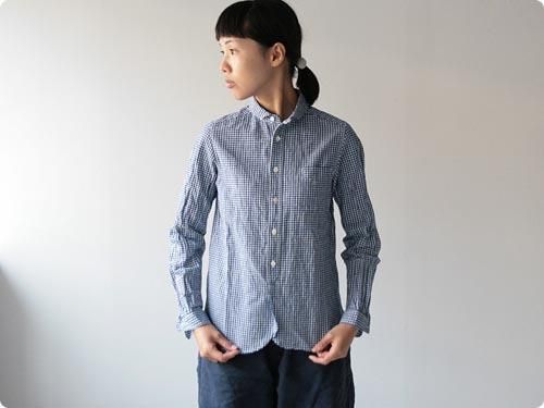 maillot Sunset round collar work gingham check shirts BLUE x PURPUL
