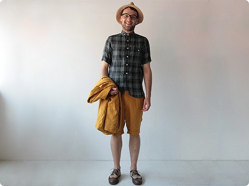 maillot sunset linencheck round work s/s shirts CHARCOAL