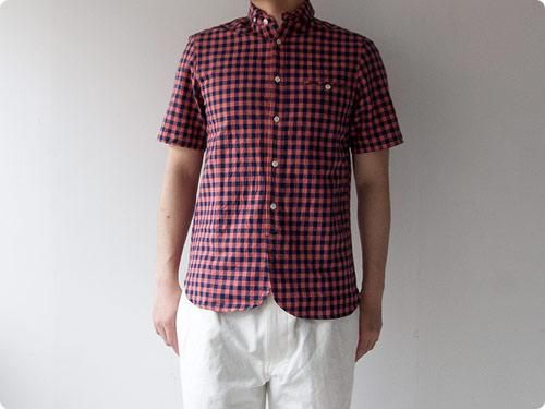 maillot sunset big gingham round work S/S shirts BIG RED x NAVY