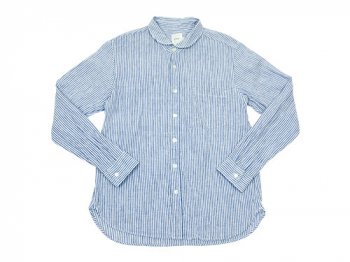 RINEN 80/1リネン平織り ストライプ ラウンドカラーシャツ 05OFF WHITE x BLUE〔メンズ〕