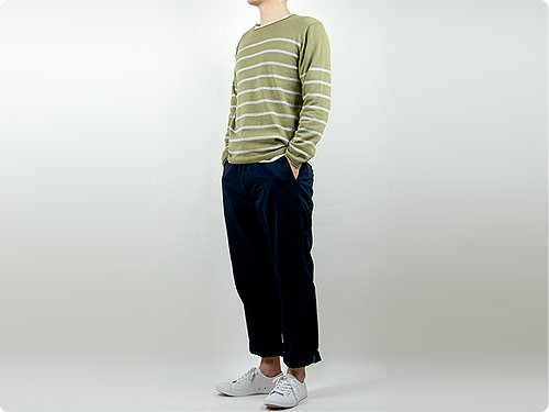 MHL. BULKY COTTON TWIST BORDER KNIT 181KHAKI 〔メンズ〕