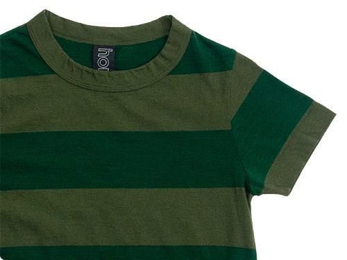 homspun 30/-天竺太ボーダー 半袖Tシャツ オリーブ x グリーン